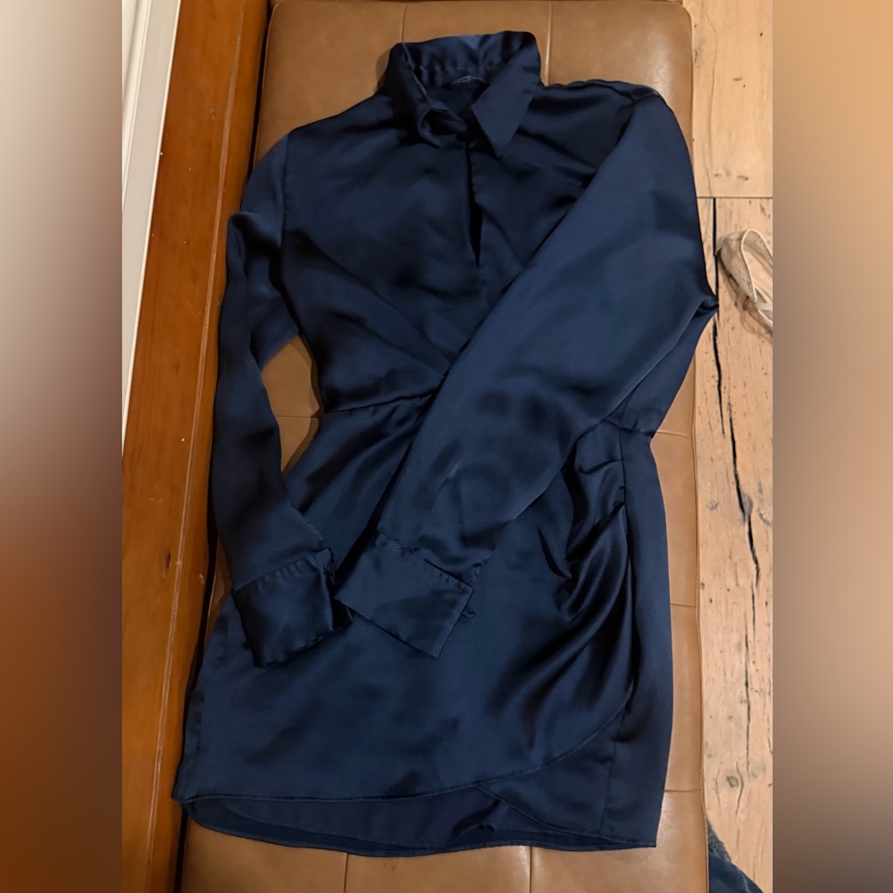 Zara Navy Blue Long-Sleeve Shirt Dress